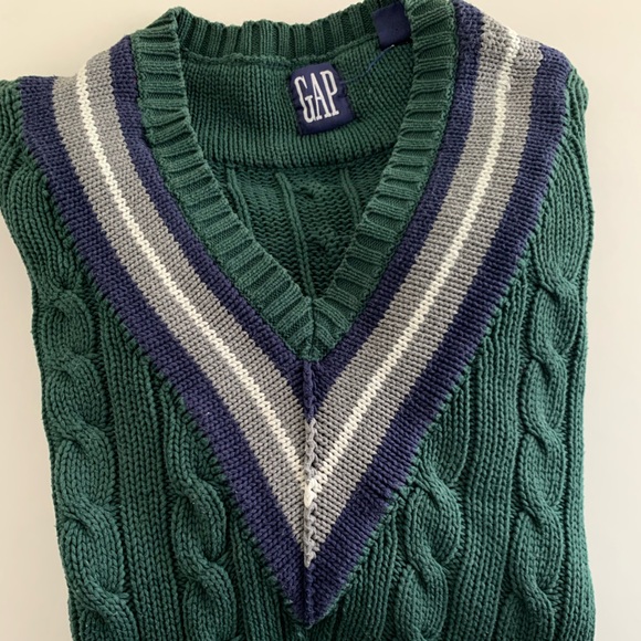 Gap Vintage Green Cable Knit Tennis Cricket Sweater V-neck 90s Oversized Fit - Picture 2 of 12